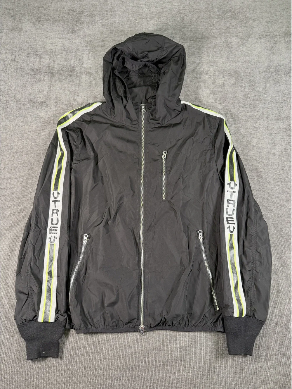 True Religion Black Hooded Windbreaker Jacket with Reflective Stripes Size Small